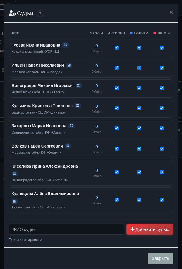 Список судей арены